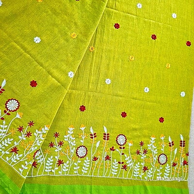 Lime Green Embroidered Pure Cotton Saree