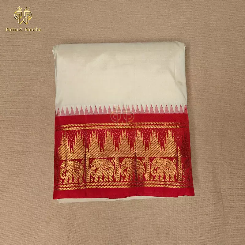 Pure Silk Panchakacham Off White Dhoti Red Colour Border with Thazhambu Design