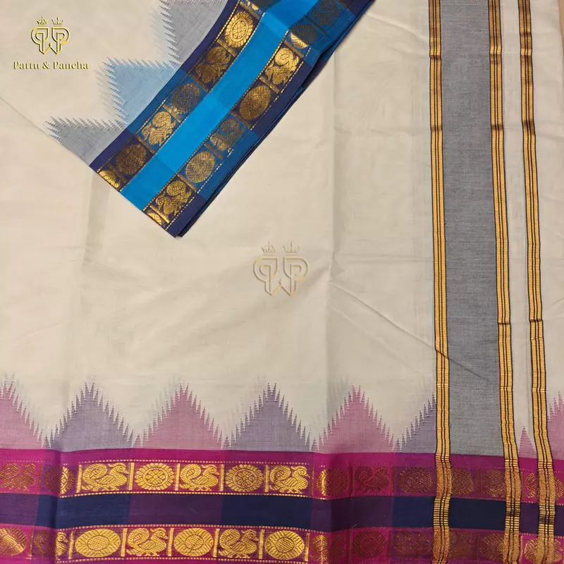 Pure Cotton Panchakacham Off white Dhoti with Purple and Blue Retta Pet Border