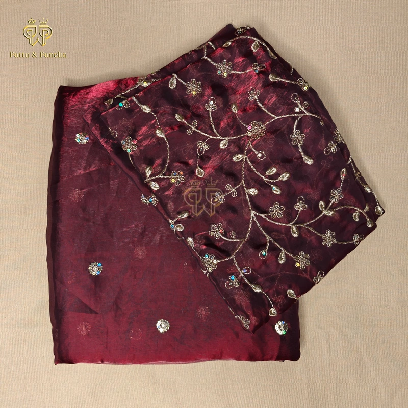 Space Fendy Satin Sequence Work Saree with Floral Sequence Blouse