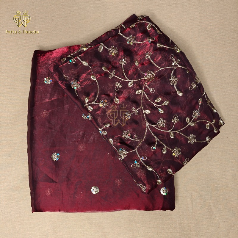 Space Fendy Satin Sequence Work Saree with Floral Sequence Blouse