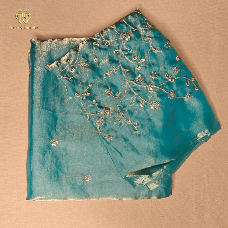 Space Fendy Satin Sequence Work Saree with Floral Sequence Blouse