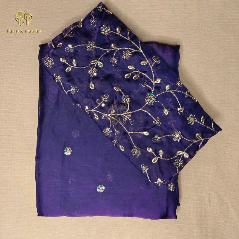 Space Fendy Satin Sequence Work Saree with Floral Sequence Blouse