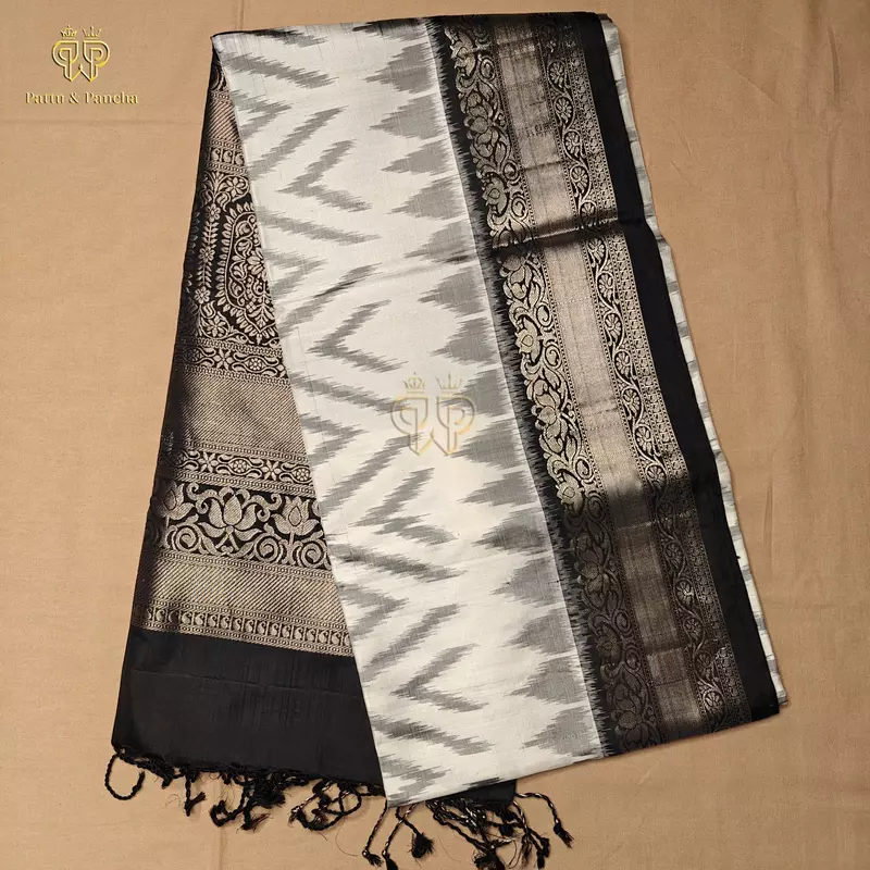 Pure Soft Silk Saree White and Grey Ikat with Black and Silver Zari Border