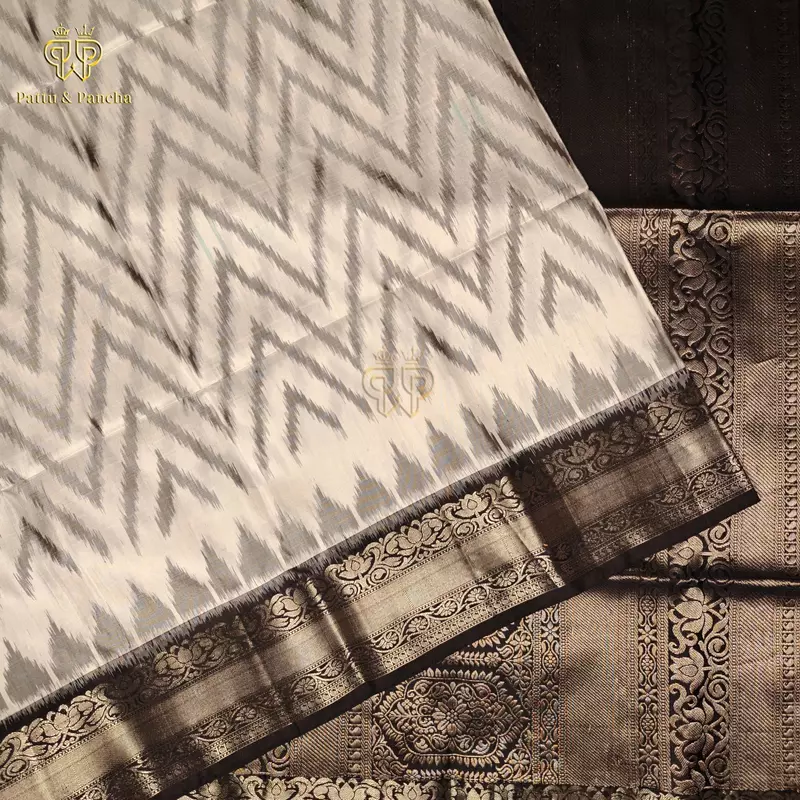 Pure Soft Silk Saree White and Grey Ikat with Black and Silver Zari Border