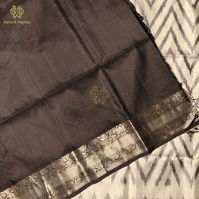 Pure Soft Silk Saree White and Grey Ikat with Black and Silver Zari Border