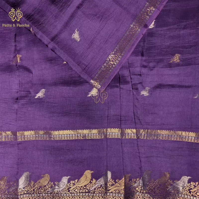 Viscose Violet Saree with Gold and Silver Parrot Design Border