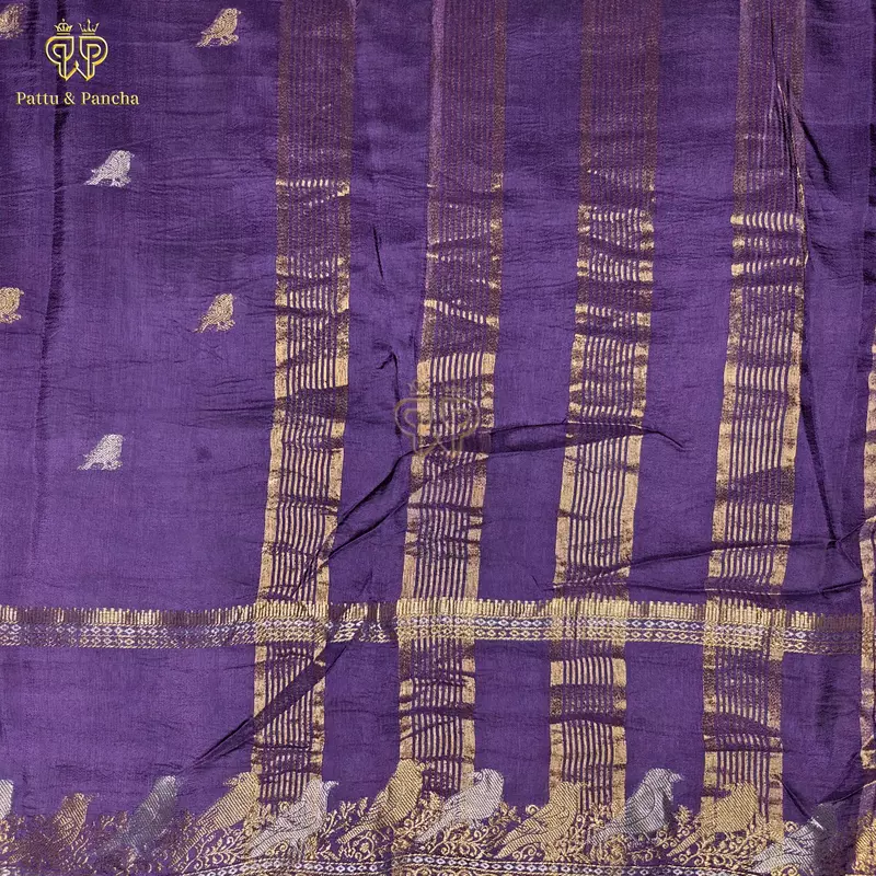 Viscose Violet Saree with Gold and Silver Parrot Design Border