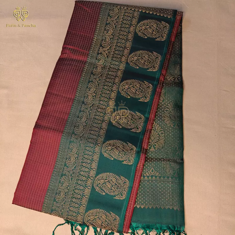 Half Pure Silk Maroon Saree with Small Checks and Bottle Green Zari Border