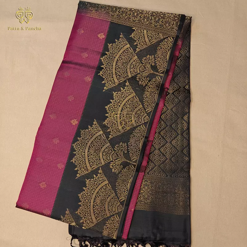 Half Pure Silk Magenta Saree with Black Rich Zari Border