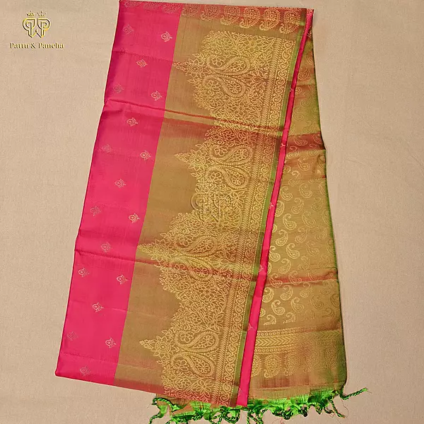 Half Pure Silk Rani Pink Saree with Mustard Green Gold Zari Border