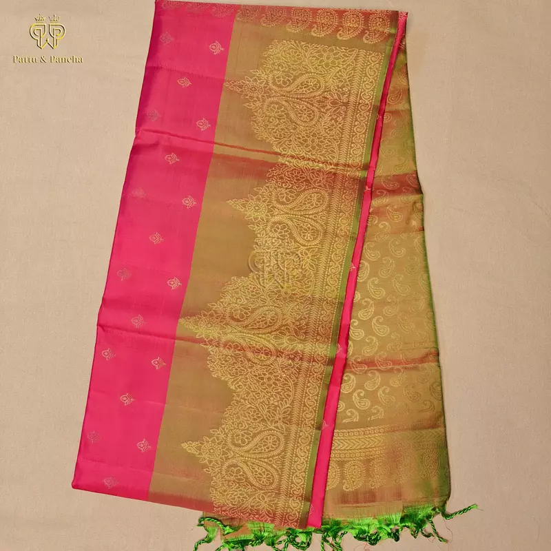 Half Pure Silk Rani Pink Saree with Mustard Green Gold Zari Border