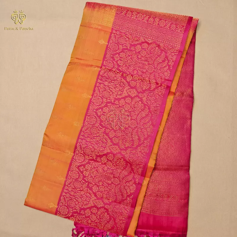 Half Pure Silk Mango Yellow Saree with Rani Pink Floral Zari Border
