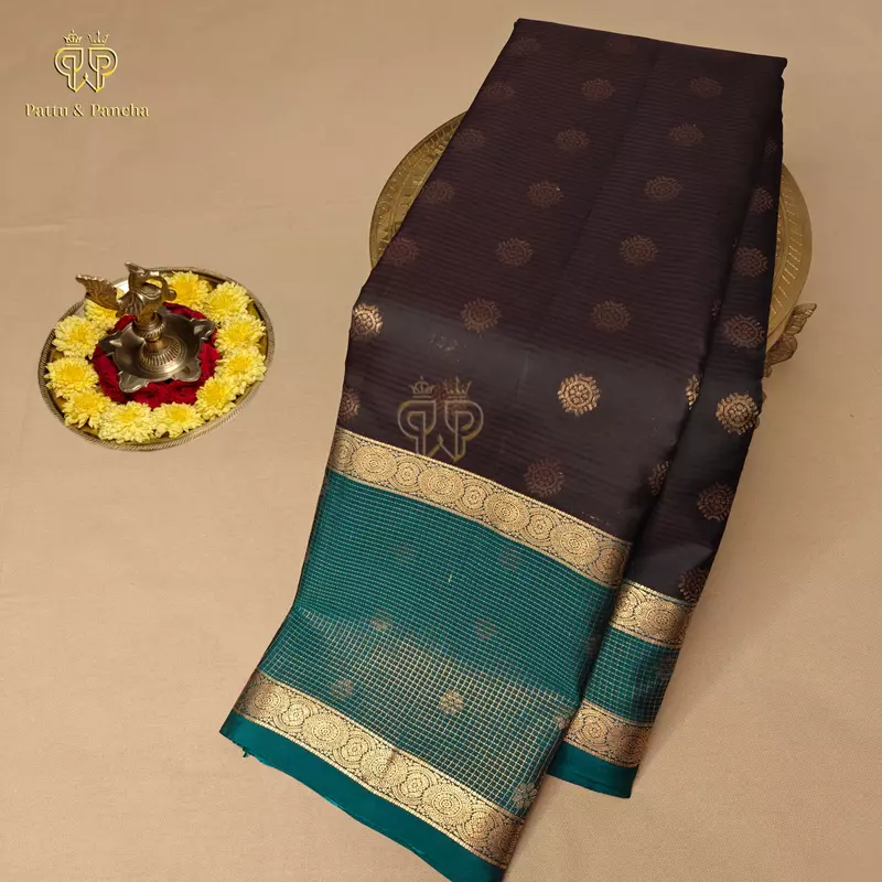 Half Pure Silk Dark Coffee Brown Saree with Peacock Blue Zari Checks Border
