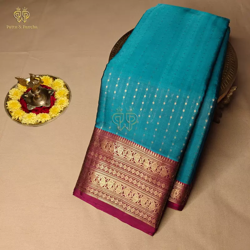 Half Pure Silk Teal Blue Saree with Dark Purple and Gold Zari Varisaipet Border