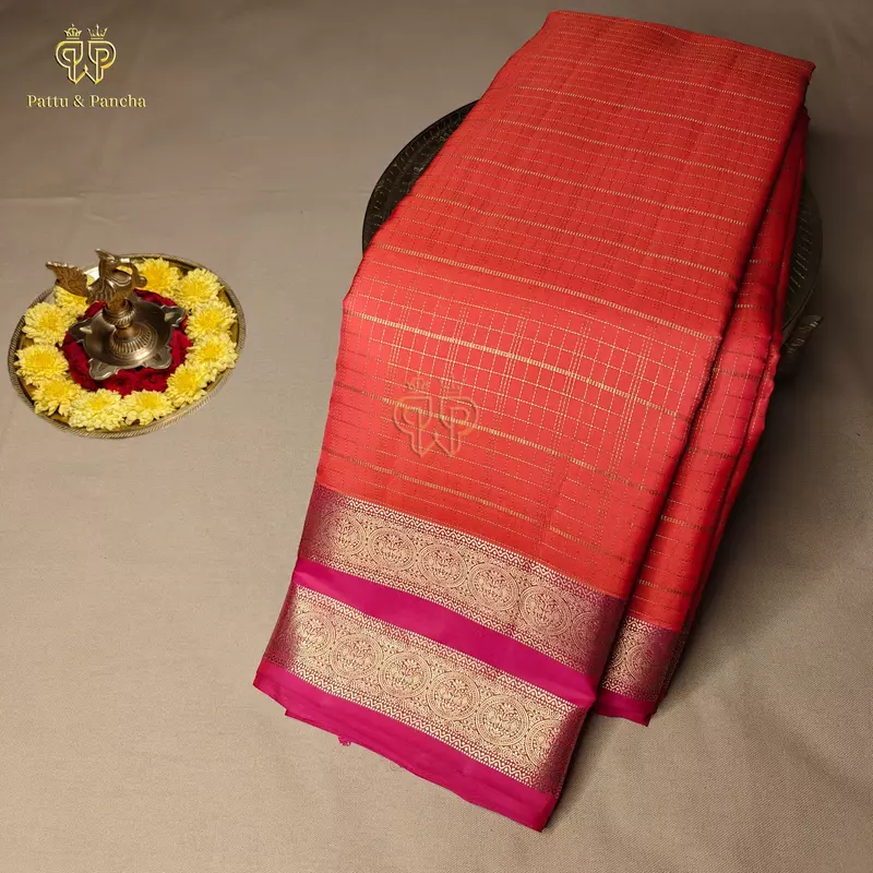 Half Pure Silk Orange Saree with Gold Checks and Rani Pink Traditional RettaPet Zari Border
