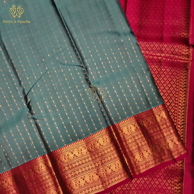 Half Pure Silk Teal Blue Saree with Dark Purple and Gold Zari Varisaipet Border