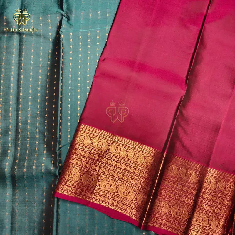 Half Pure Silk Teal Blue Saree with Dark Purple and Gold Zari Varisaipet Border