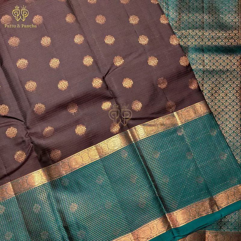 Half Pure Silk Dark Coffee Brown Saree with Peacock Blue Zari Checks Border