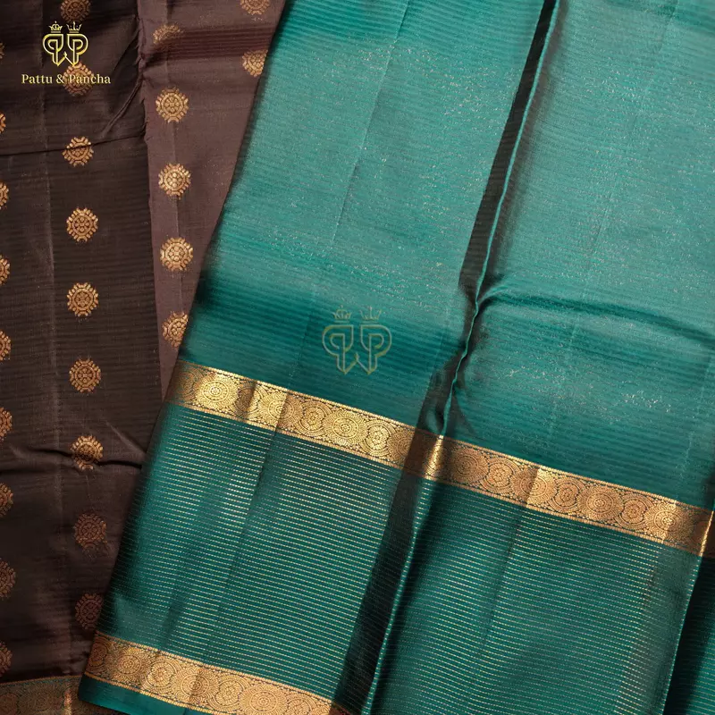 Half Pure Silk Dark Coffee Brown Saree with Peacock Blue Zari Checks Border