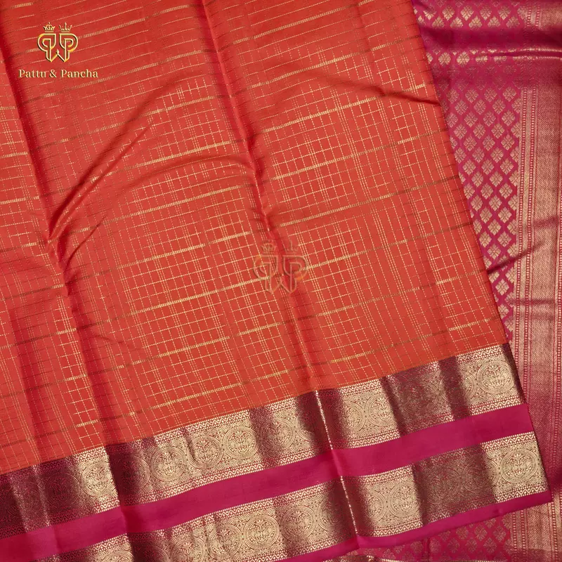 Half Pure Silk Orange Saree with Gold Checks and Rani Pink Traditional RettaPet Zari Border