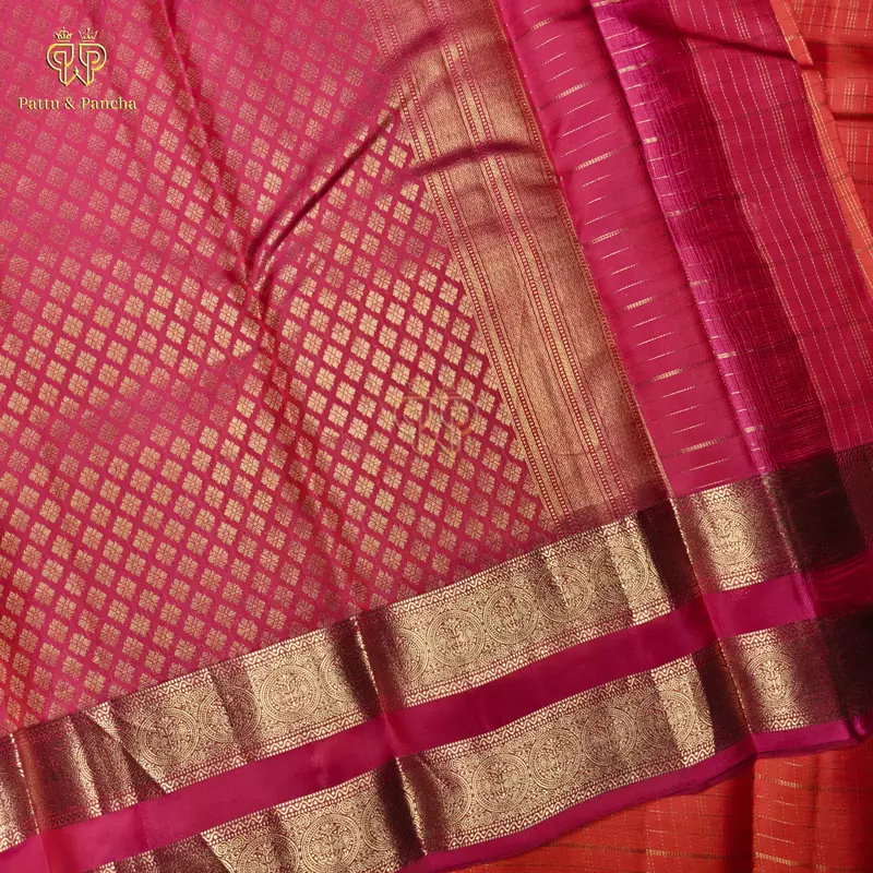 Half Pure Silk Orange Saree with Gold Checks and Rani Pink Traditional RettaPet Zari Border