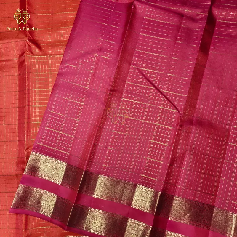 Half Pure Silk Orange Saree with Gold Checks and Rani Pink Traditional RettaPet Zari Border