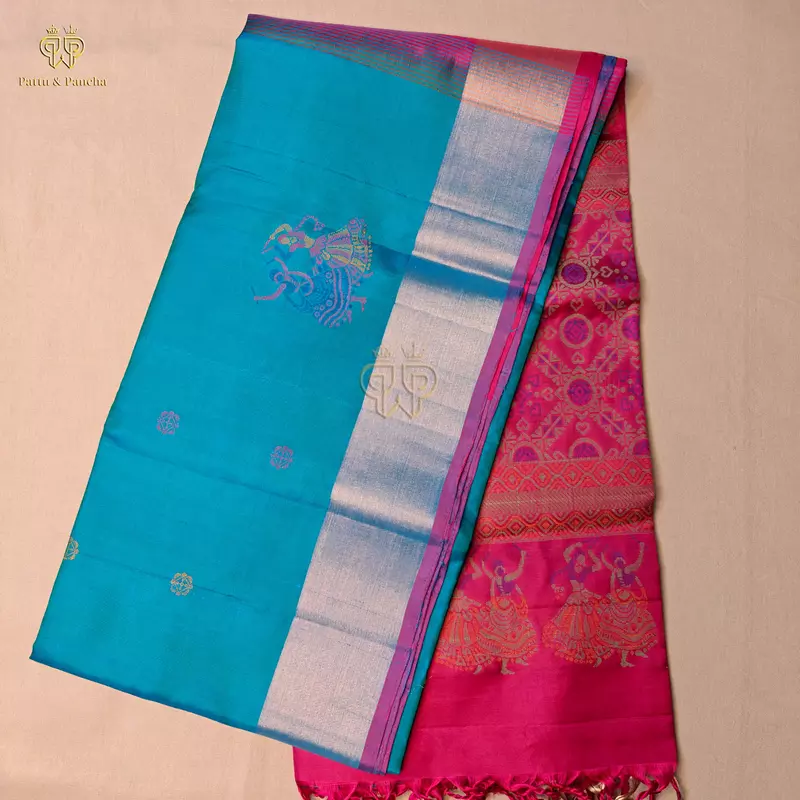 Pure Soft Silk Blue Dual Shade Saree with Gold Gatti Zari Border and Silk Thread Rani Pink Pallu