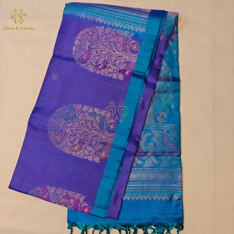 Pure Soft Silk Saree Royal Violet with Peacock Blue and Kalpavriksha Zari Border