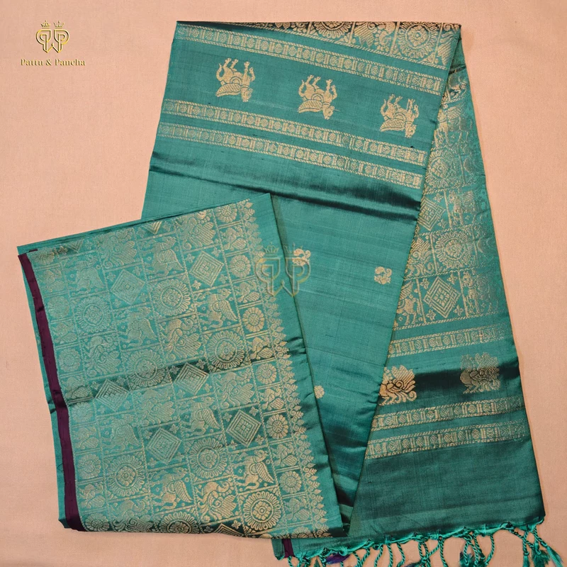 Pure Soft Silk Saree Teal Green with Gold Zari Motifs Border and Purple Piping
