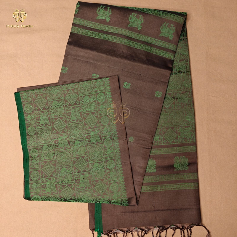 Pure Soft Silk Saree Antique Copper with Emerald Green Silk Thread Woven Motifs With No Zari