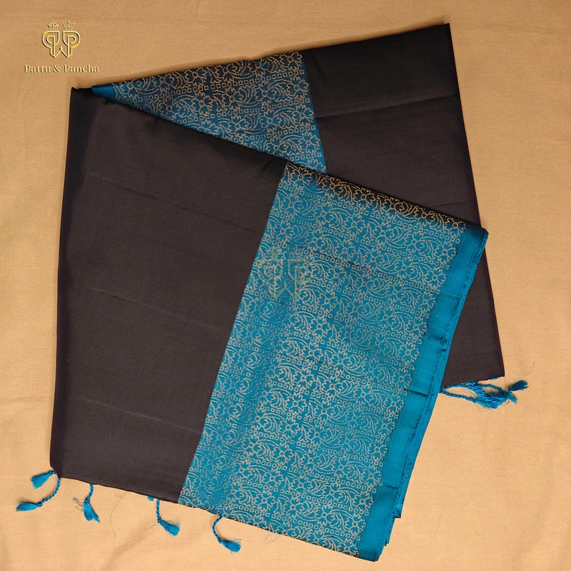 Pure Soft Silk Saree Bluish Black with Sulphate Blue and Gold Zari Floral Weaving