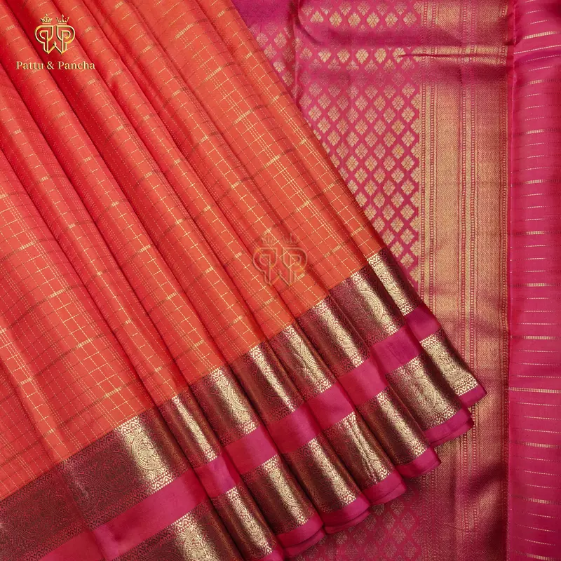 Half Pure Silk Orange Saree with Gold Checks and Rani Pink Traditional RettaPet Zari Border