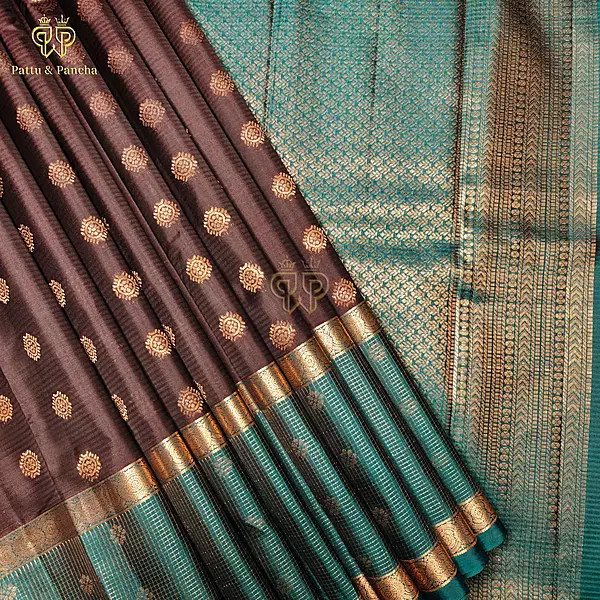 Half Pure Silk Dark Coffee Brown Saree with Peacock Blue Zari Checks Border