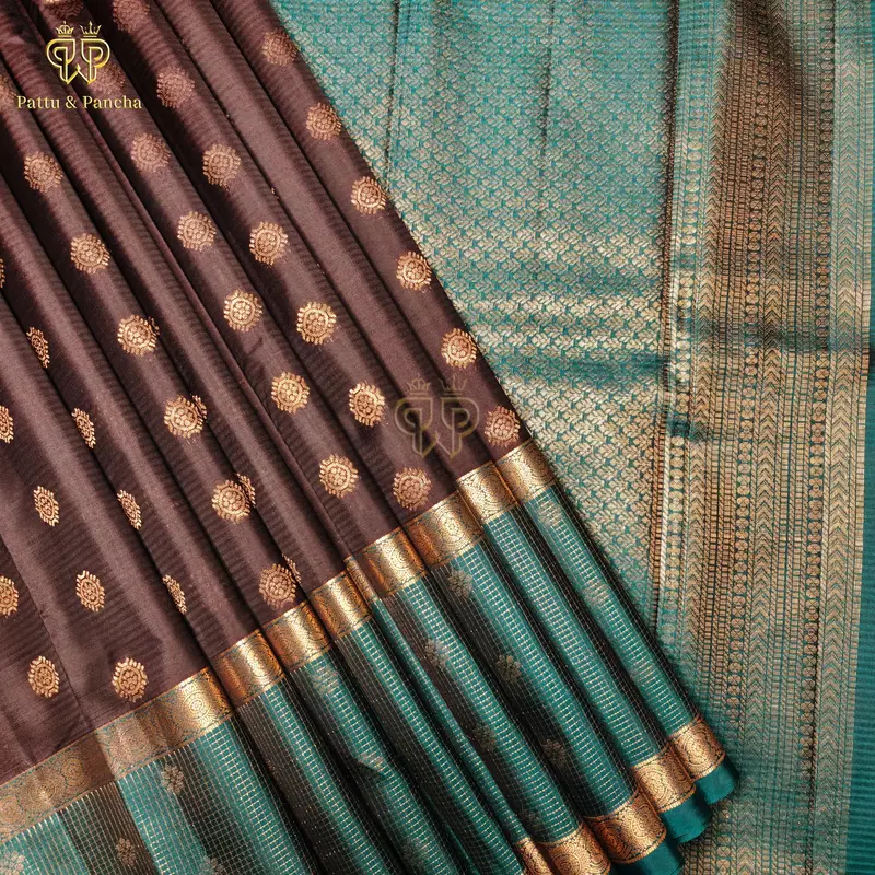 Half Pure Silk Dark Coffee Brown Saree with Peacock Blue Zari Checks Border