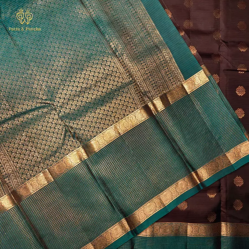 Half Pure Silk Dark Coffee Brown Saree with Peacock Blue Zari Checks Border