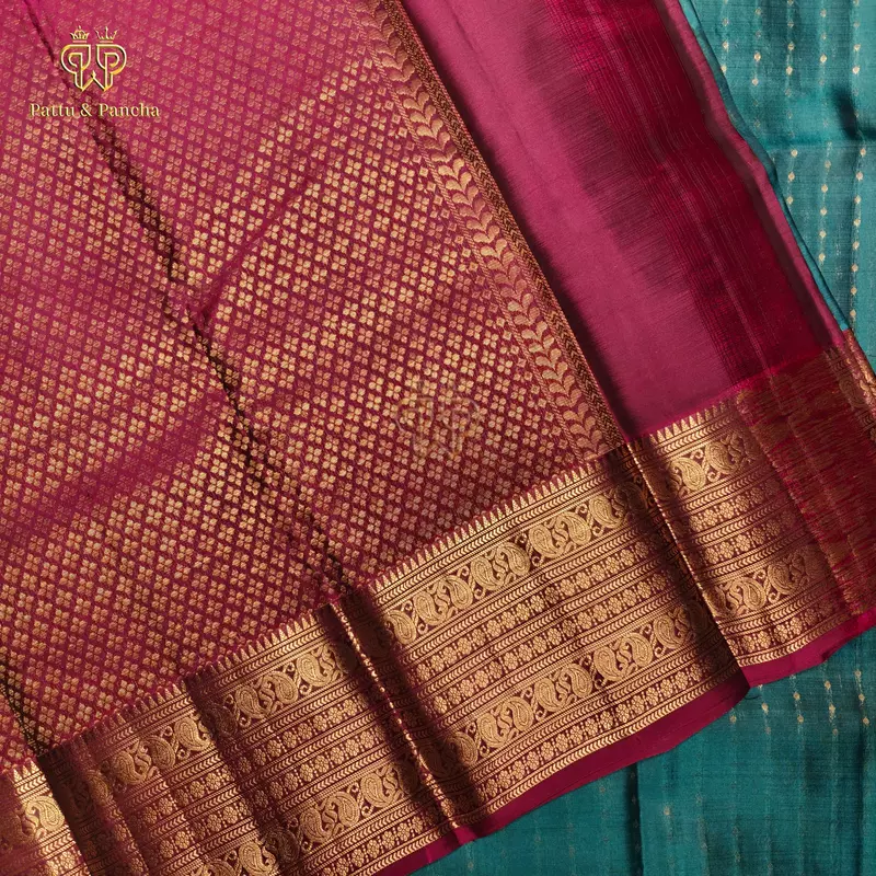 Half Pure Silk Teal Blue Saree with Dark Purple and Gold Zari Varisaipet Border