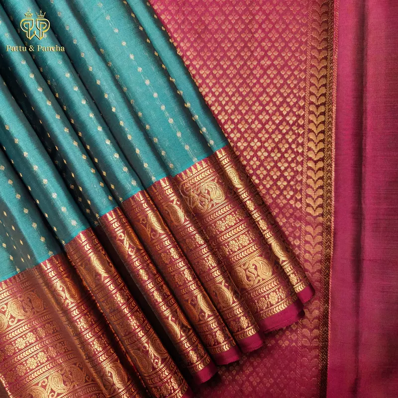 Half Pure Silk Teal Blue Saree with Dark Purple and Gold Zari Varisaipet Border