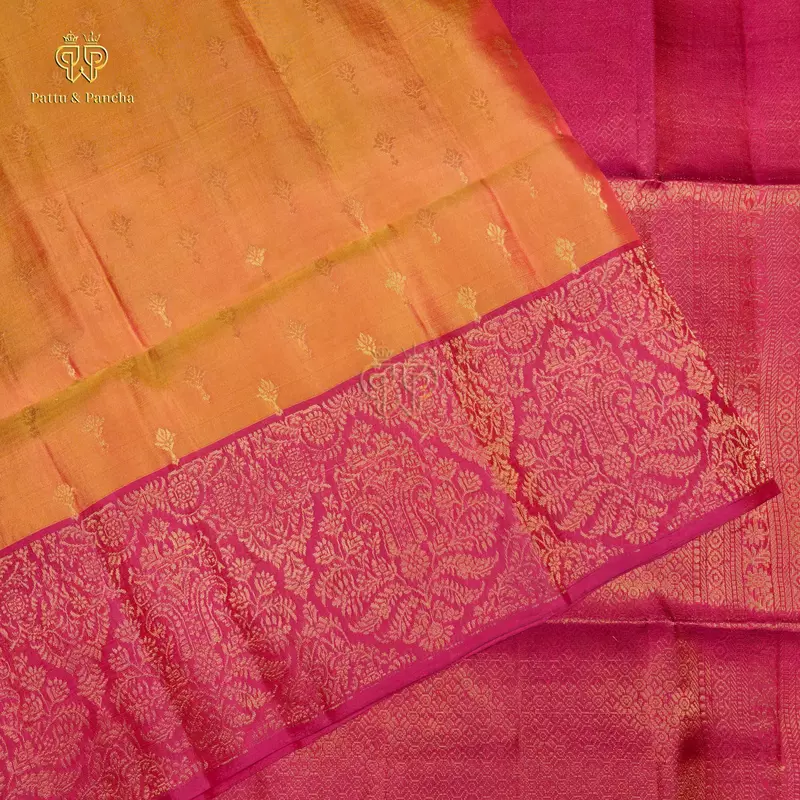 Half Pure Silk Mango Yellow Saree with Rani Pink Floral Zari Border