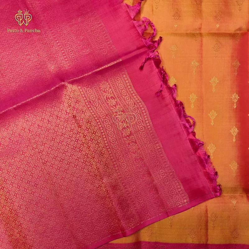 Half Pure Silk Mango Yellow Saree with Rani Pink Floral Zari Border