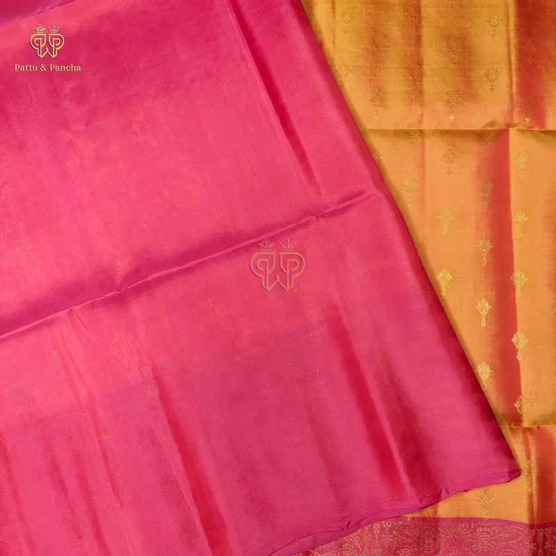 Half Pure Silk Mango Yellow Saree with Rani Pink Floral Zari Border