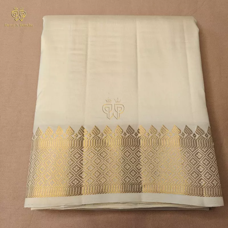 Pure Silk Premium Handloom Panchakacham Cream Dhoti with Traditional Diamond Zari Border
