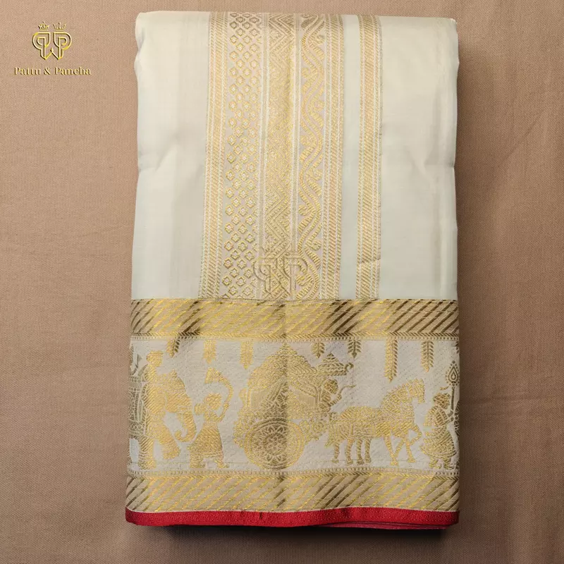 Pure Silk Premium Panchakacham Cream Dhoti with Royal Pallakku Zari Border with Red Piping