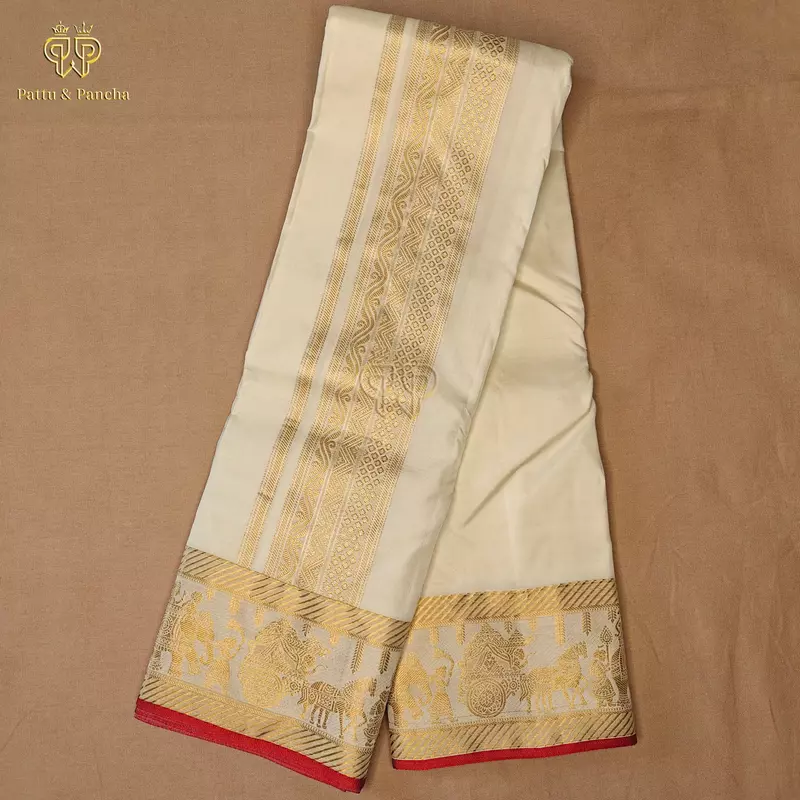 Pure Silk Premium Panchakacham Cream Dhoti with Royal Pallakku Zari Border with Red Piping