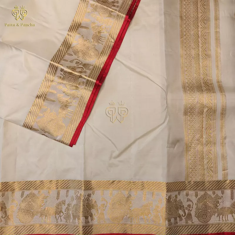 Pure Silk Premium Panchakacham Cream Dhoti with Royal Pallakku Zari Border with Red Piping