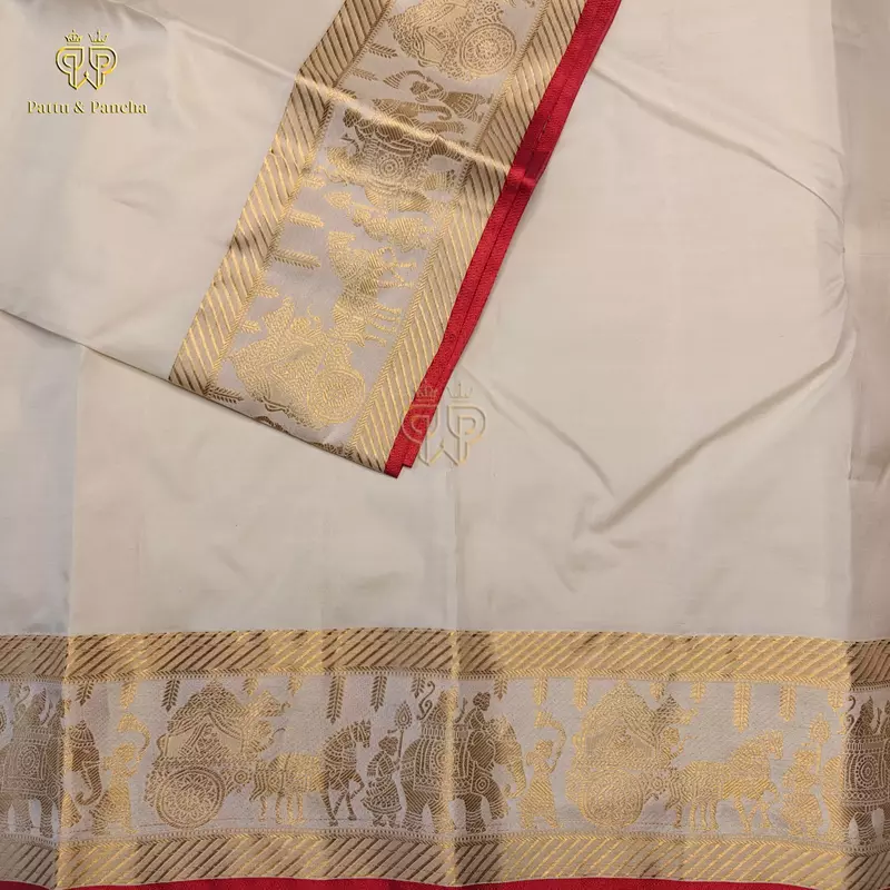 Pure Silk Premium Panchakacham Cream Dhoti with Royal Pallakku Zari Border with Red Piping
