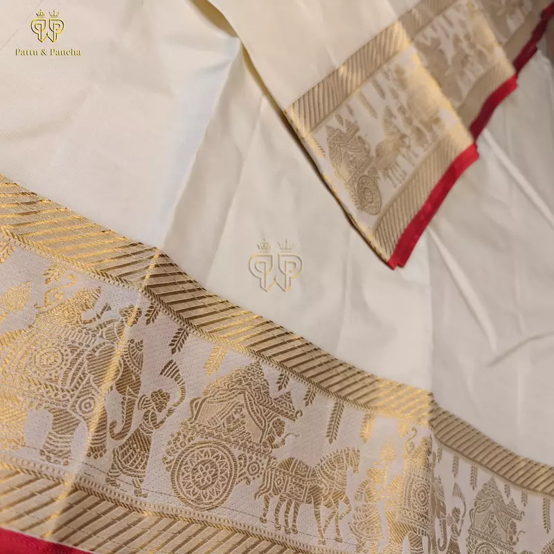 Pure Silk Premium Panchakacham Cream Dhoti with Royal Pallakku Zari Border with Red Piping