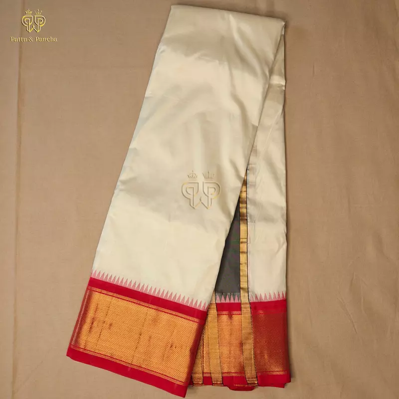 Pure Silk Panchakacham Dhoti with Red Korvai Gold Zari Stripes Border