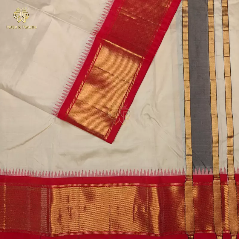 Pure Silk Panchakacham Dhoti with Red Korvai Gold Zari Stripes Border