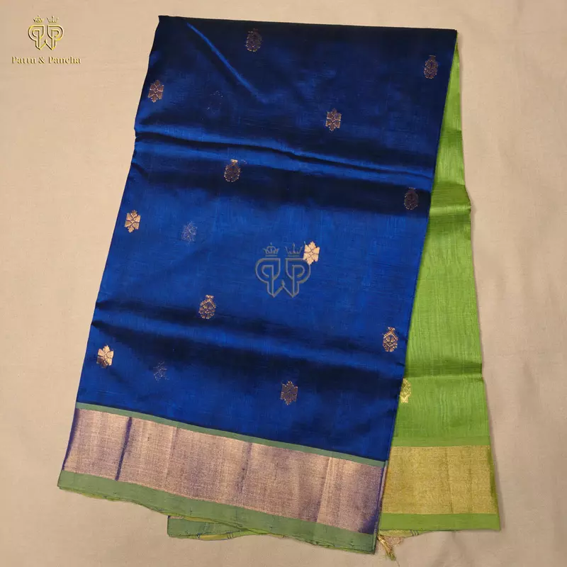 Pure Silk Cotton Saree in Royal Blue and Parrot Green with Traditional Gold Zari Border
